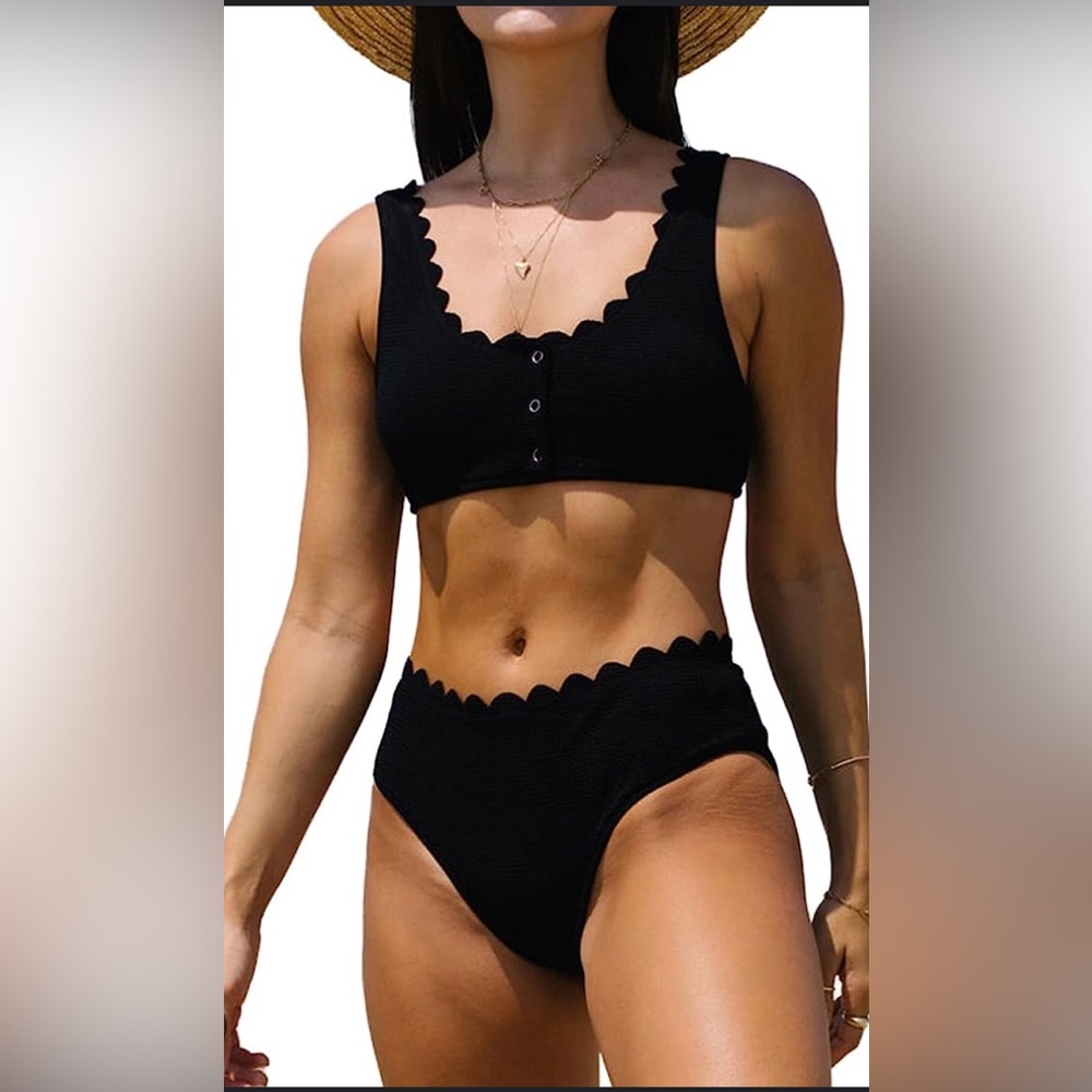 Scalloped Hem Button Front Bikini Set